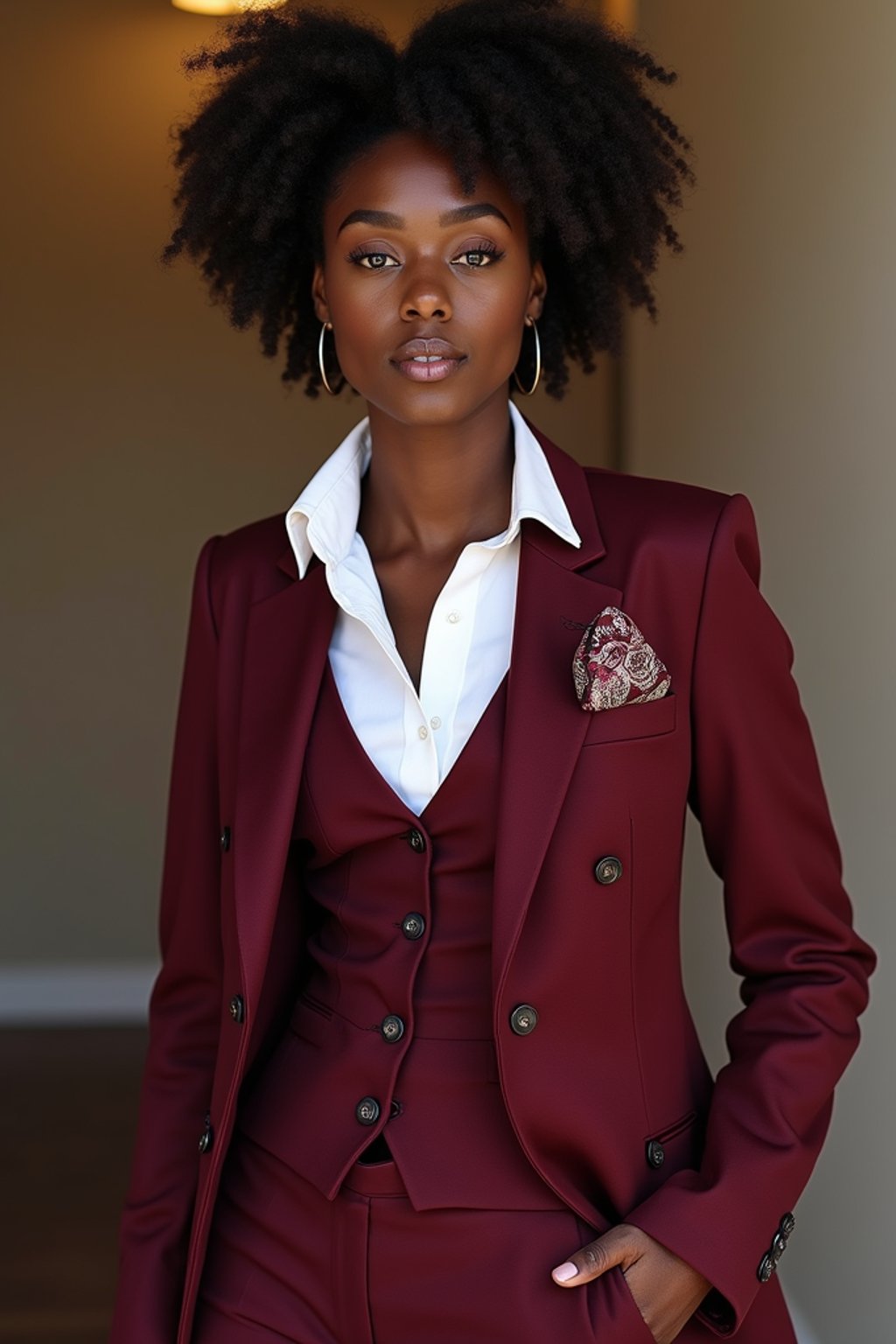 woman trying on a stylish three-piece suit in a rich burgundy color with a crisp white shirt and a paisley patterned pocket square