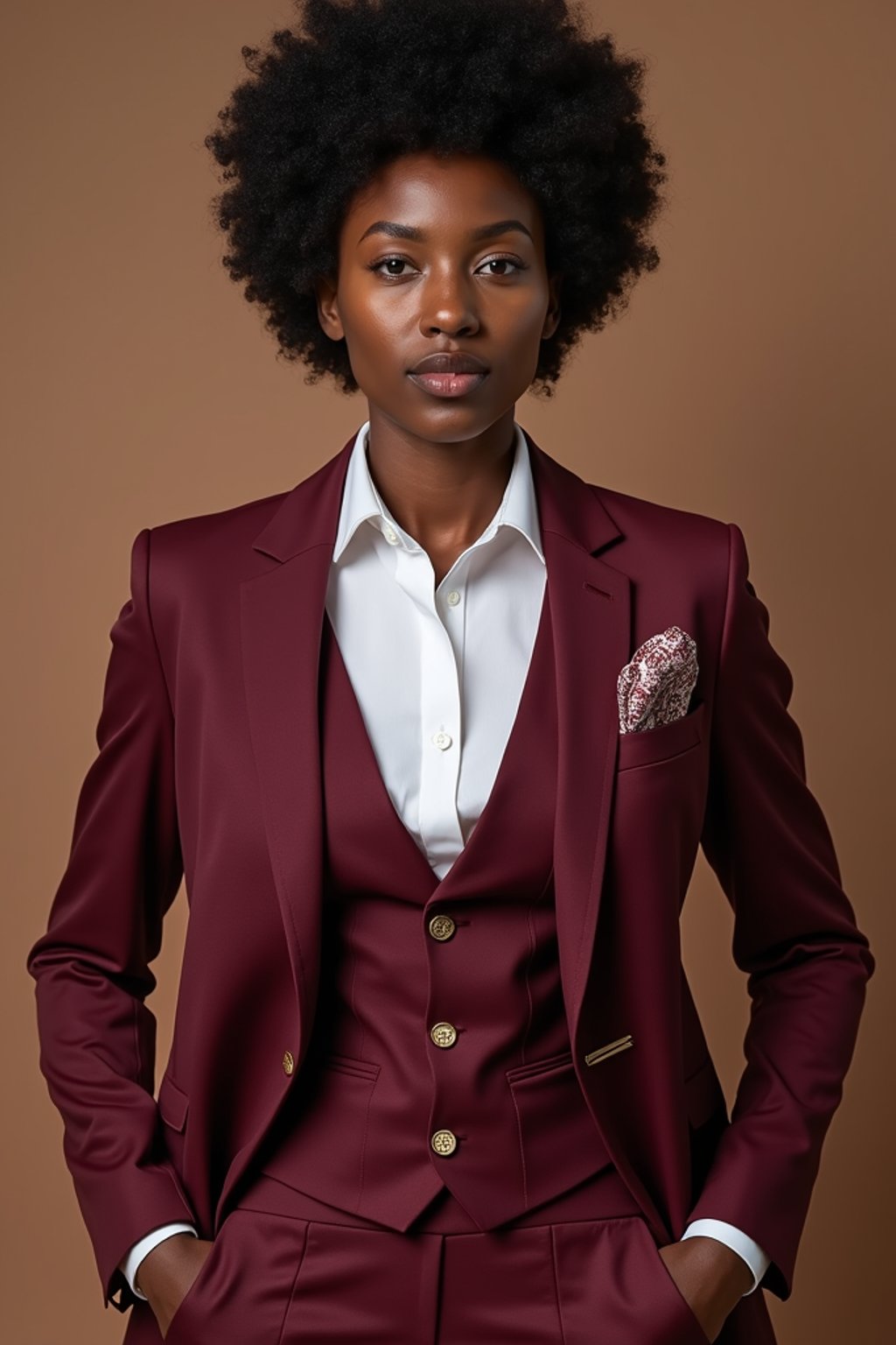 woman trying on a stylish three-piece suit in a rich burgundy color with a crisp white shirt and a paisley patterned pocket square