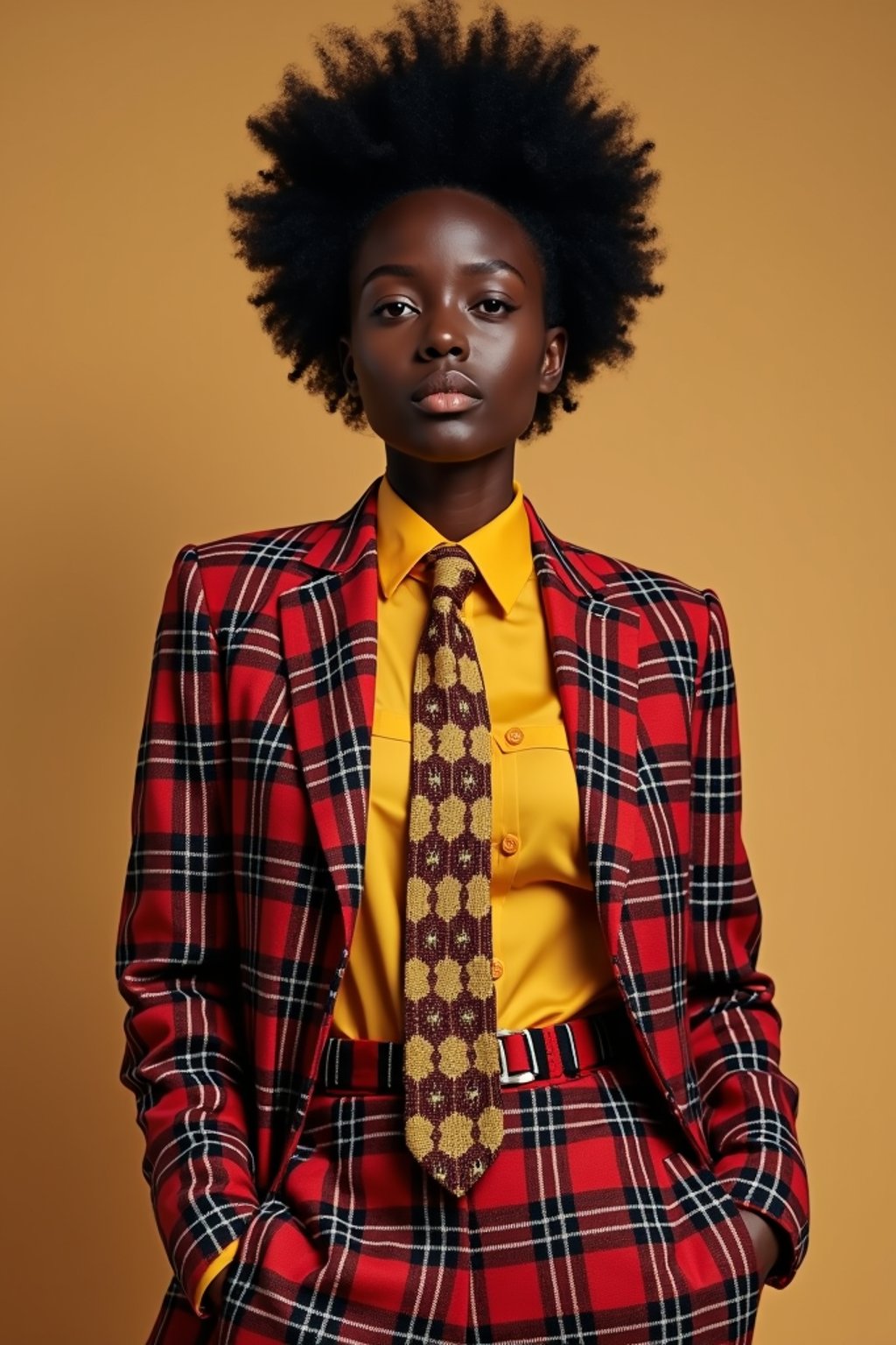 woman showcasing a dappersuit in a bold plaid pattern with a solid-colored shirt and a knitted tie