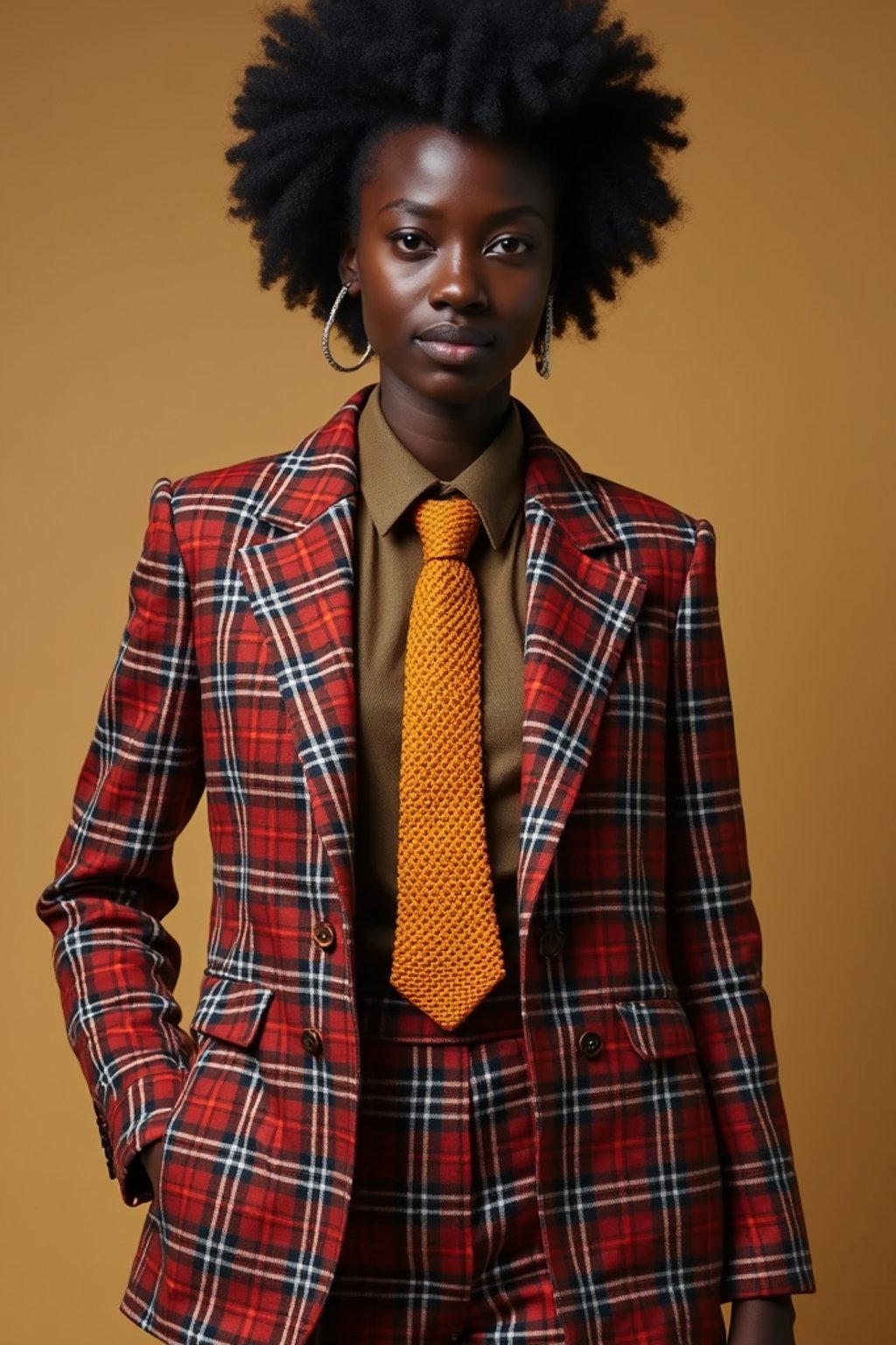 woman showcasing a dappersuit in a bold plaid pattern with a solid-colored shirt and a knitted tie