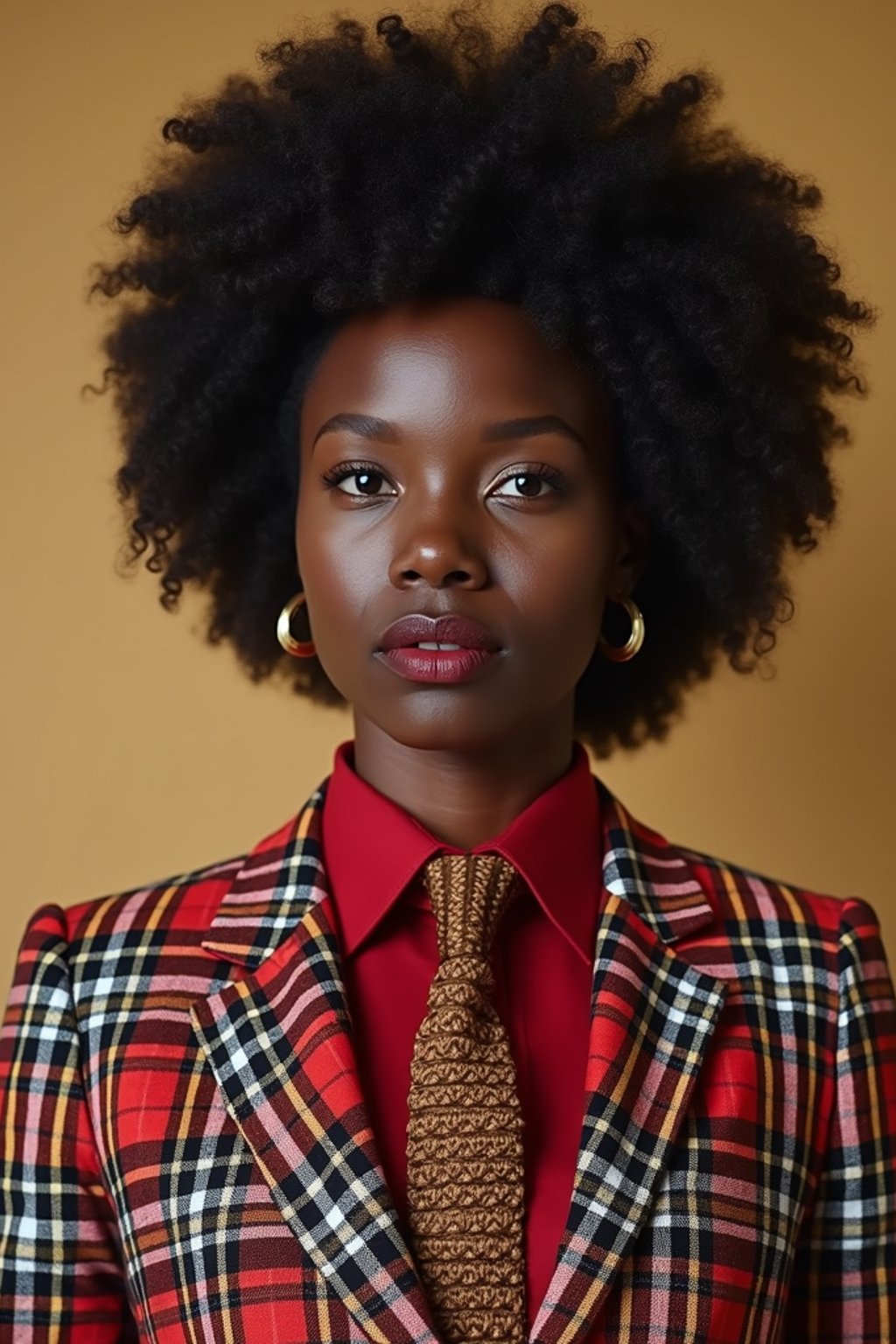 woman showcasing a dappersuit in a bold plaid pattern with a solid-colored shirt and a knitted tie