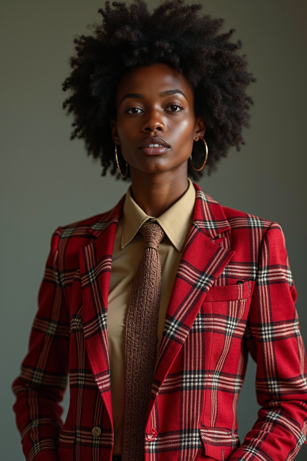 woman showcasing a dappersuit in a bold plaid pattern with a solid-colored shirt and a knitted tie