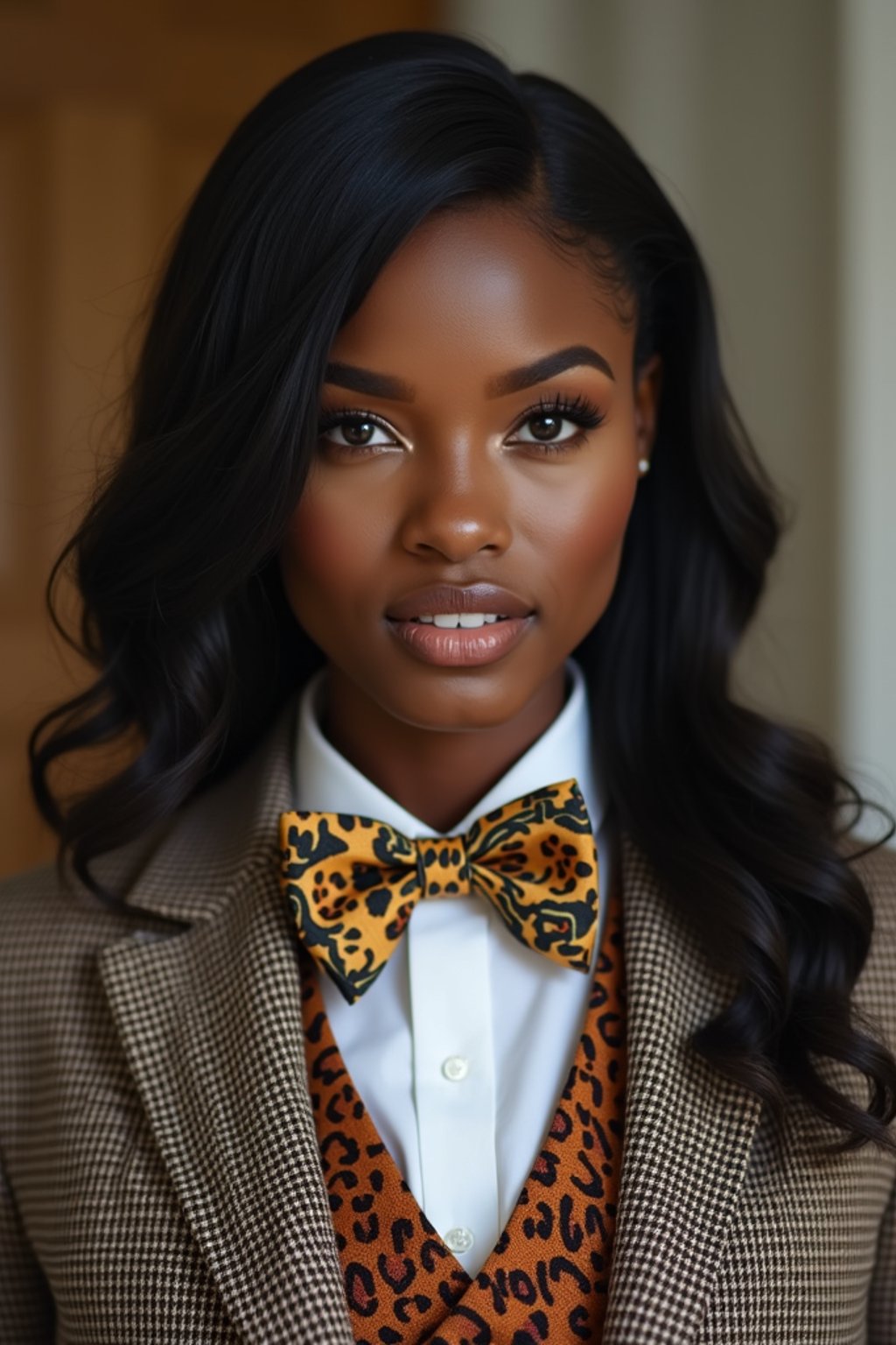 woman wearing a trendy tweed suit with a patterned bow tie and a contrasting vest