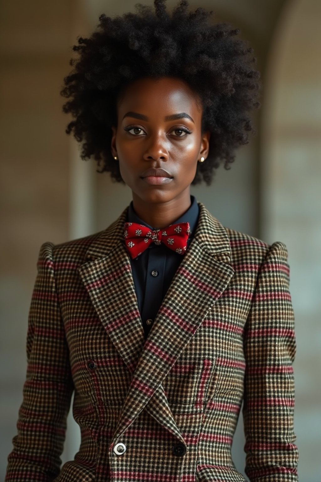 woman wearing a trendy tweed suit with a patterned bow tie and a contrasting vest