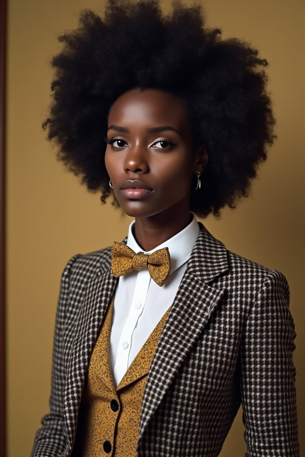 woman wearing a trendy tweed suit with a patterned bow tie and a contrasting vest