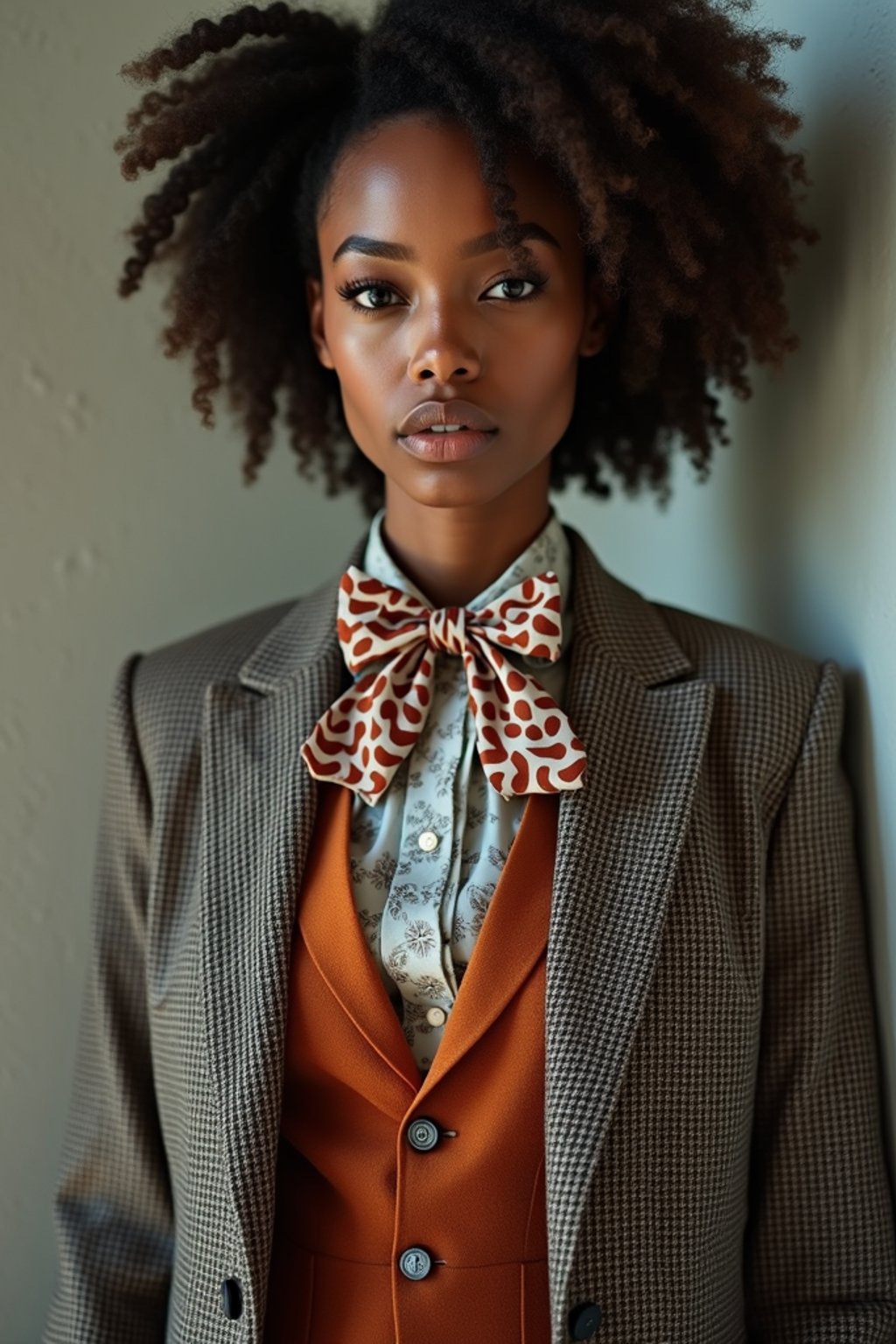 woman wearing a trendy tweed suit with a patterned bow tie and a contrasting vest