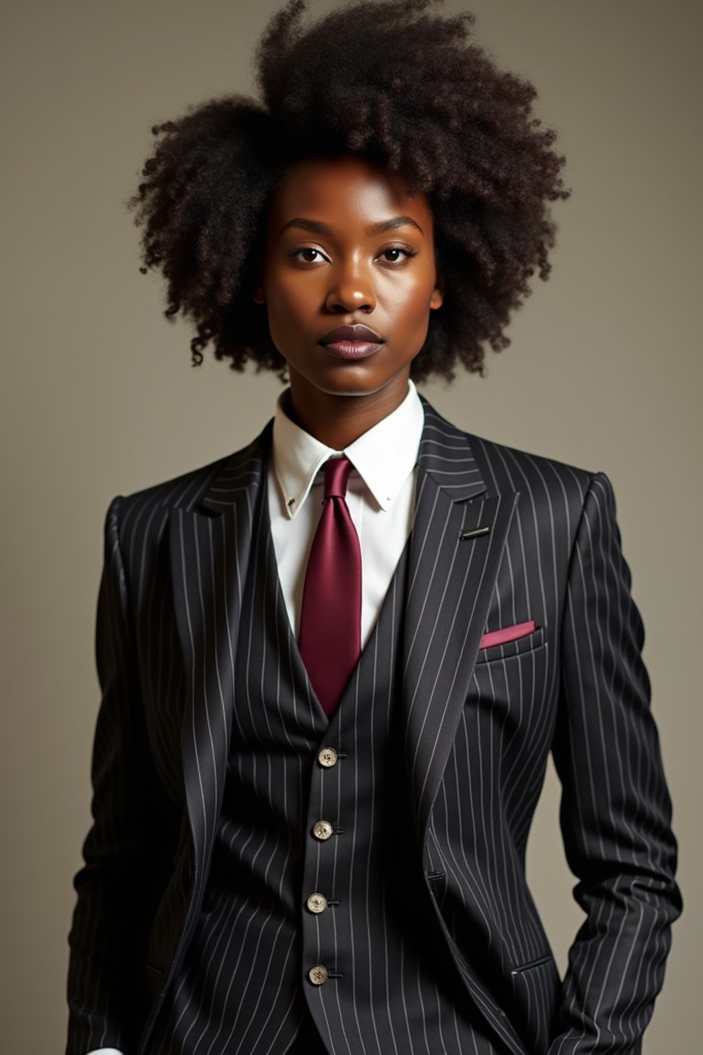 woman trying on a sophisticated pinstripe suit with a waistcoat and a burgundy tie