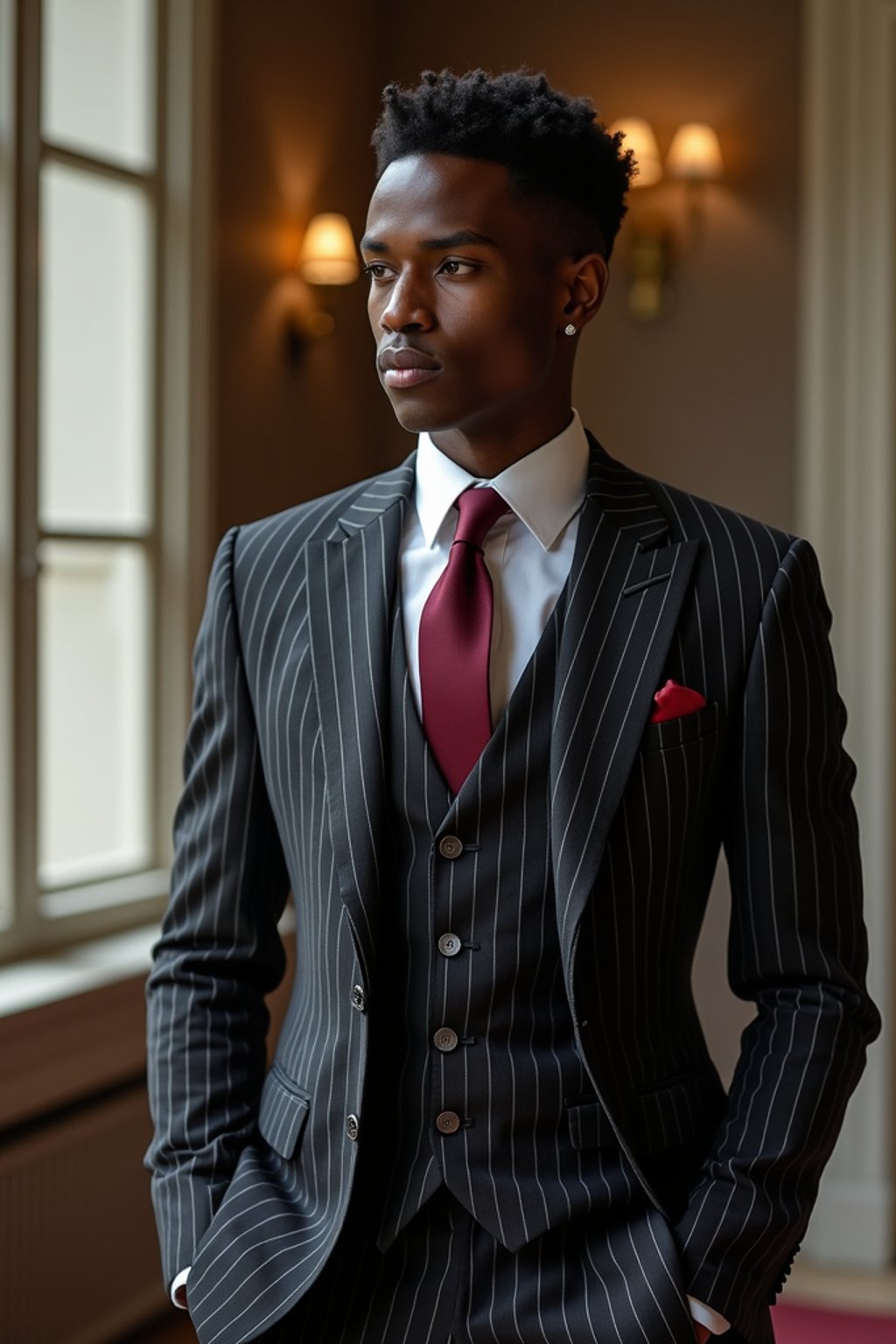 woman trying on a sophisticated pinstripe suit with a waistcoat and a burgundy tie