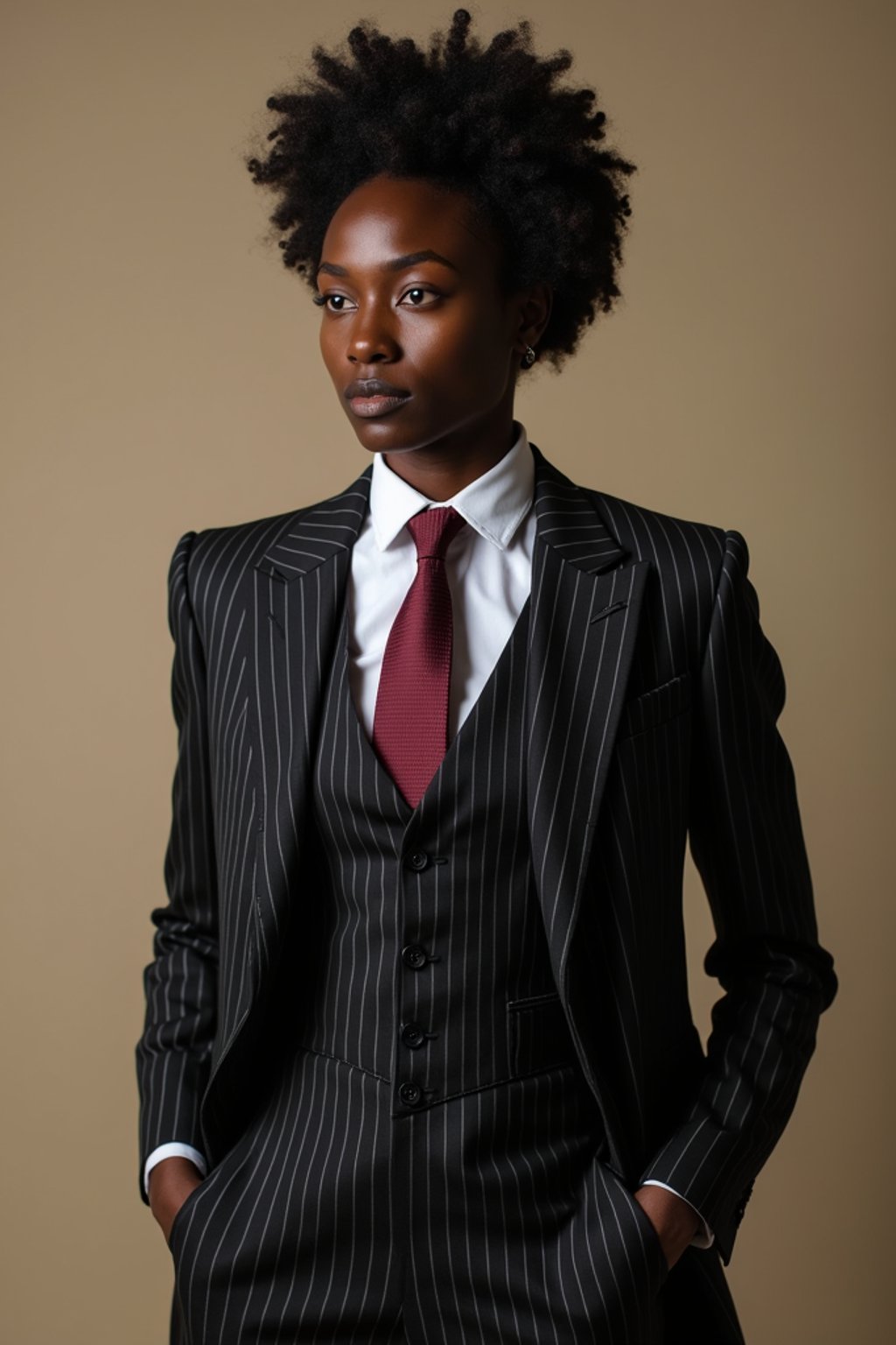 woman trying on a sophisticated pinstripe suit with a waistcoat and a burgundy tie