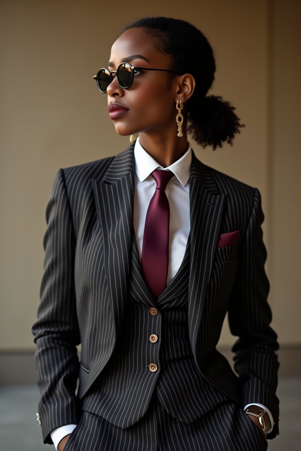 woman trying on a sophisticated pinstripe suit with a waistcoat and a burgundy tie