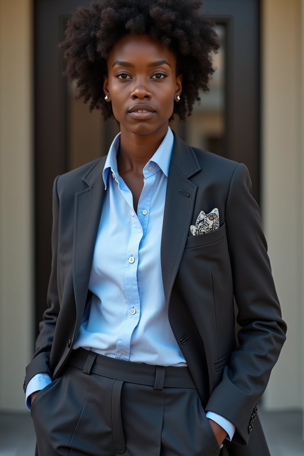 woman showcasing a modern slim-fit charcoal with a light blue dress shirt and a contrasting pocket square