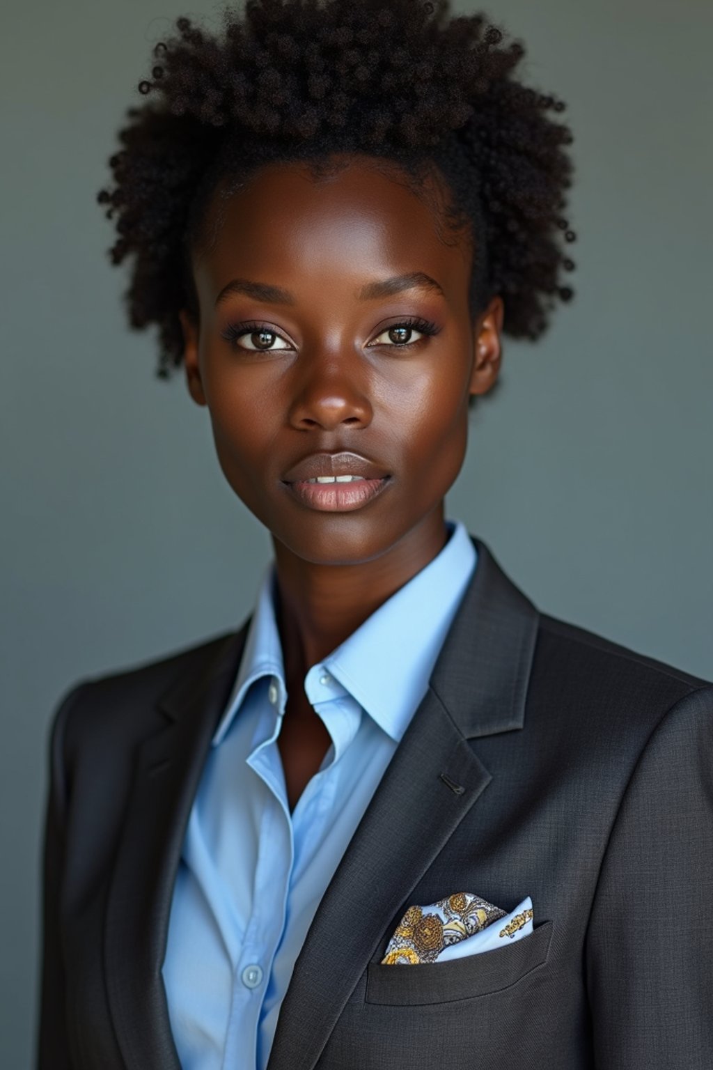 woman showcasing a modern slim-fit charcoal with a light blue dress shirt and a contrasting pocket square