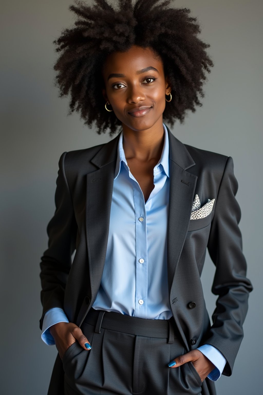 woman showcasing a modern slim-fit charcoal with a light blue dress shirt and a contrasting pocket square