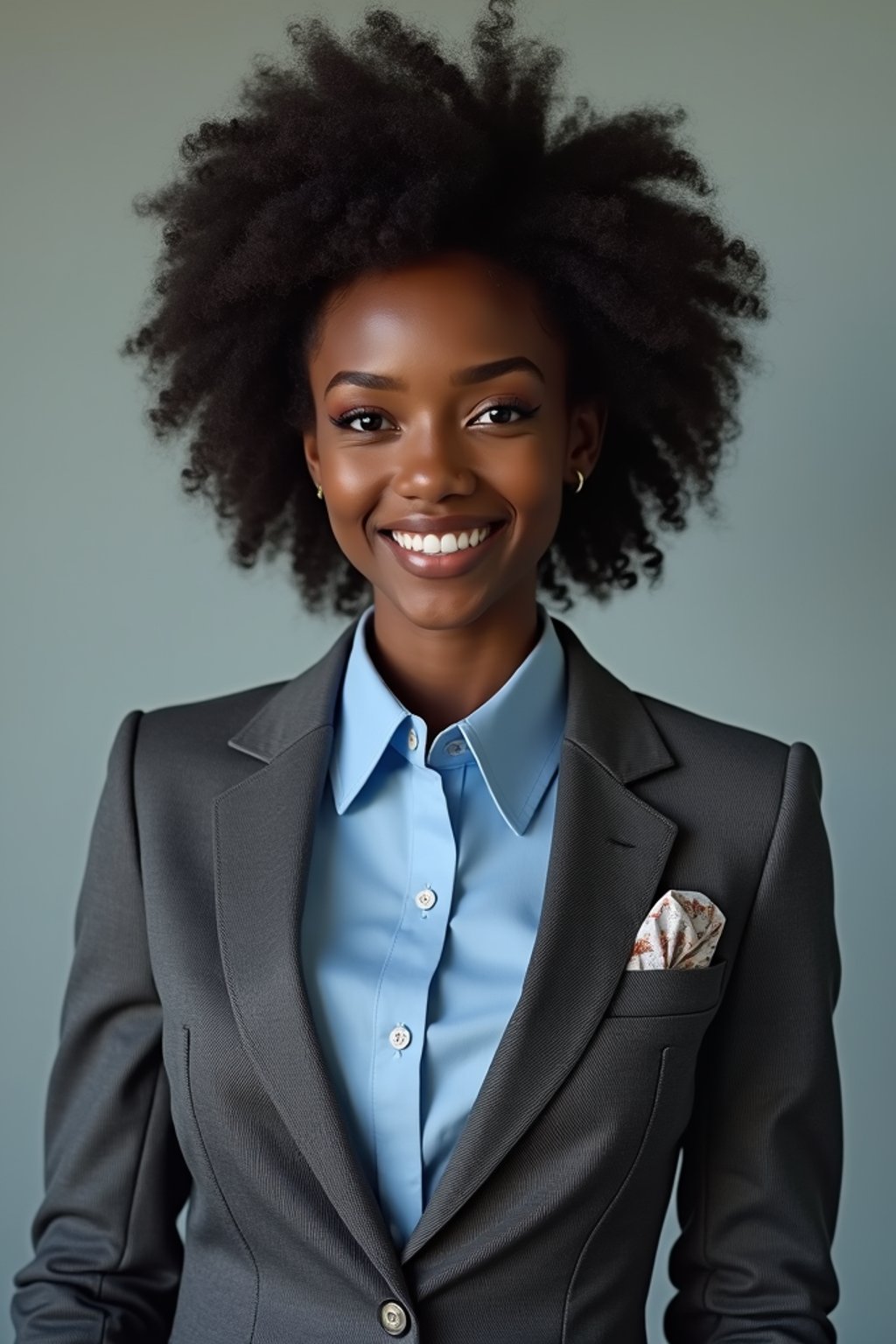 woman showcasing a modern slim-fit charcoal with a light blue dress shirt and a contrasting pocket square