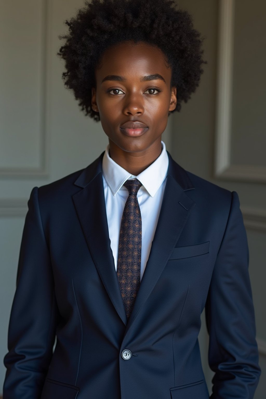 woman wearing a classic navy blue suit with a crisp white dress shirt and a patterned tie