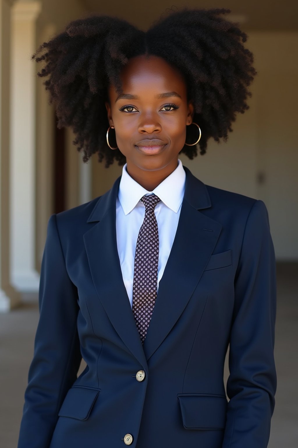 woman wearing a classic navy blue suit with a crisp white dress shirt and a patterned tie