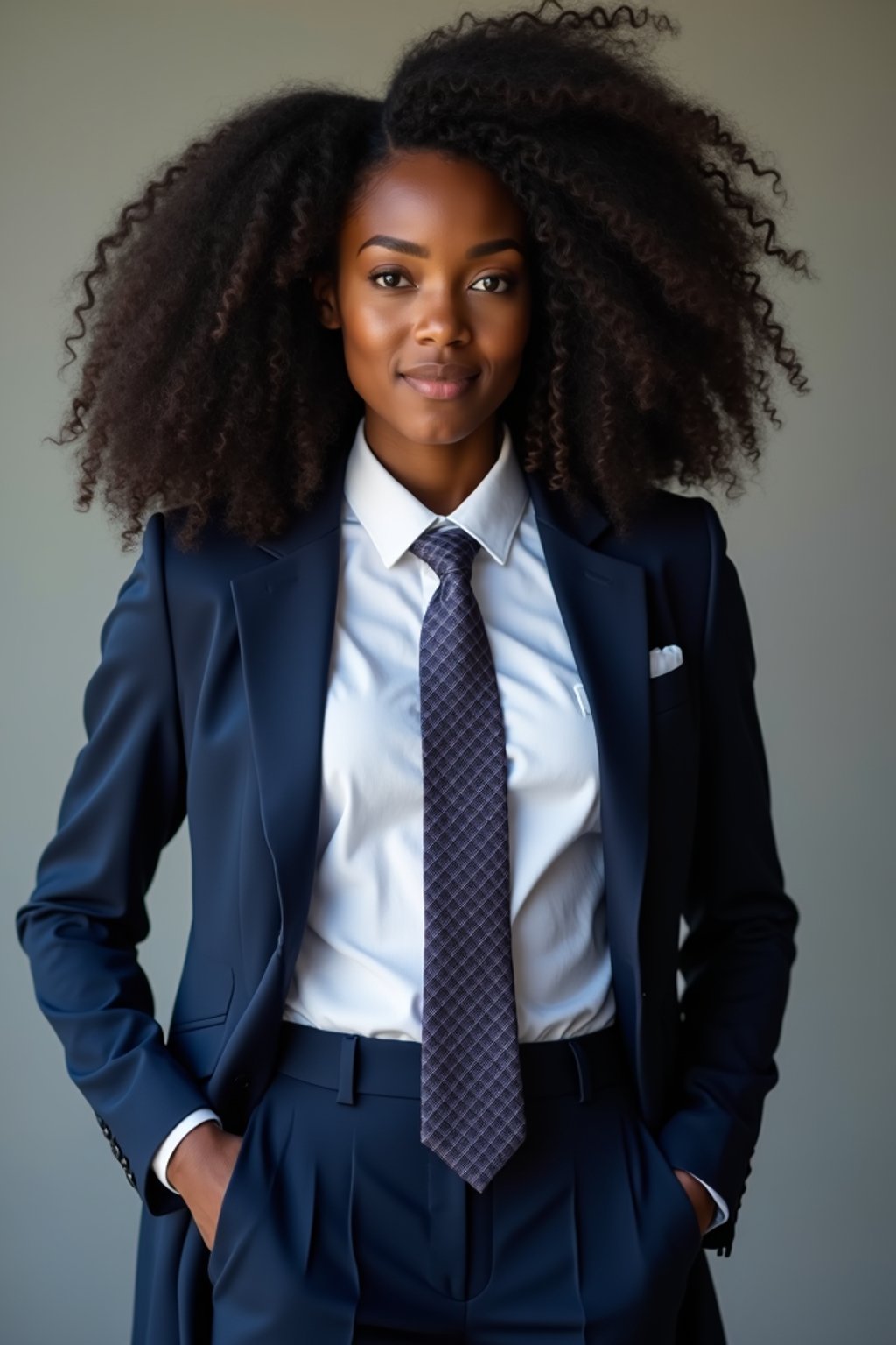 woman wearing a classic navy blue suit with a crisp white dress shirt and a patterned tie