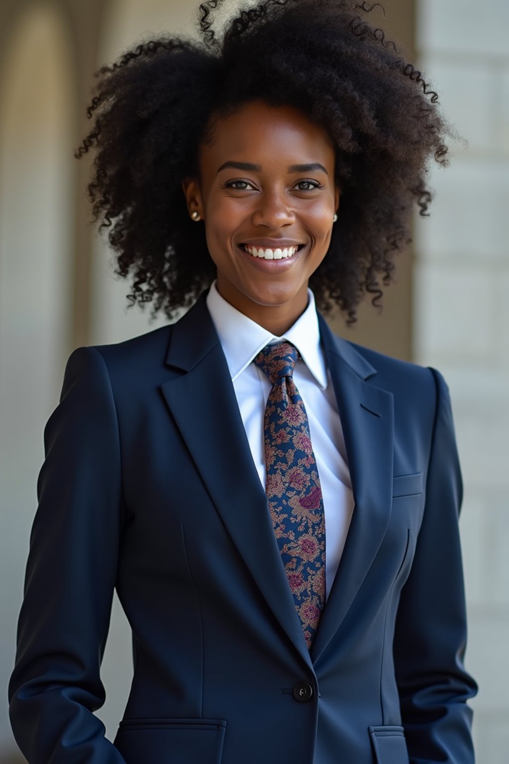 woman wearing a classic navy blue suit with a crisp white dress shirt and a patterned tie