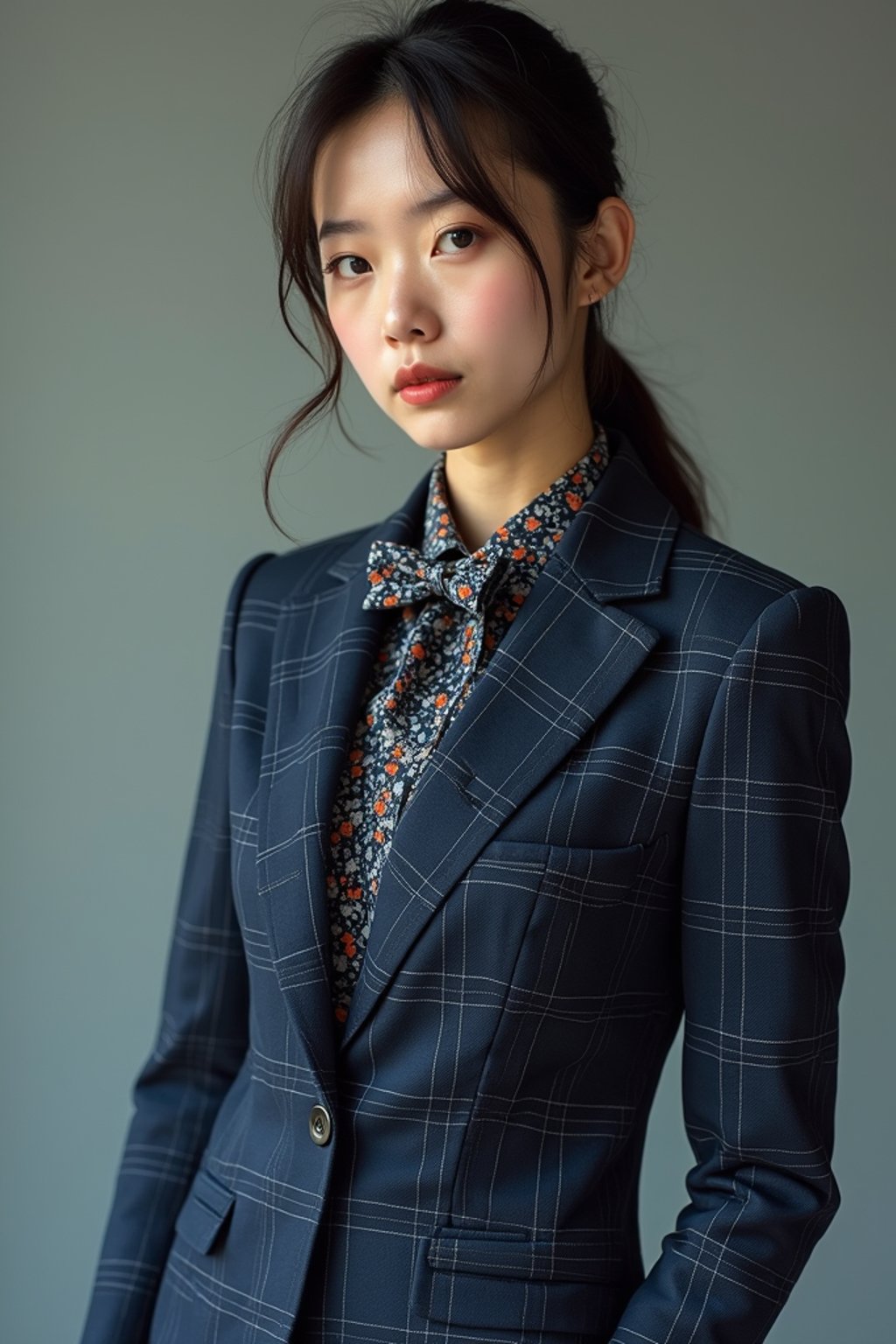 woman showcasing a unique windowpane check suit in a navy blue color with a patterned shirt and a contrasting bow tie