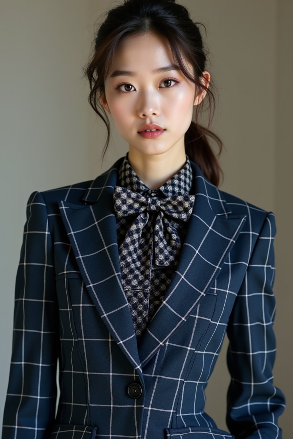 woman showcasing a unique windowpane check suit in a navy blue color with a patterned shirt and a contrasting bow tie