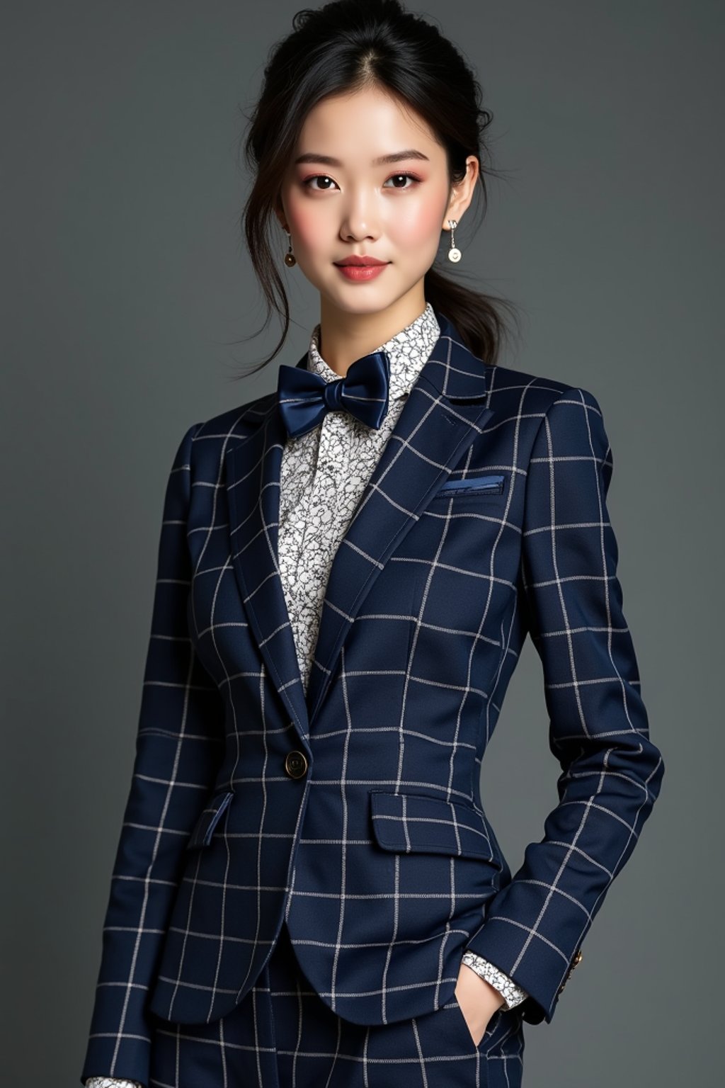 woman showcasing a unique windowpane check suit in a navy blue color with a patterned shirt and a contrasting bow tie