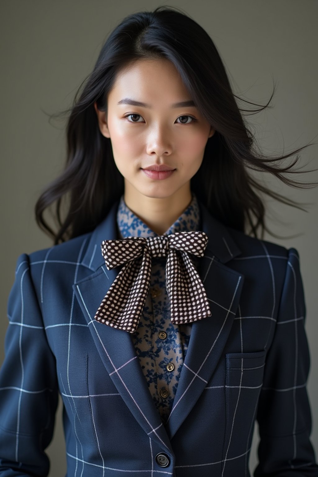 woman showcasing a unique windowpane check suit in a navy blue color with a patterned shirt and a contrasting bow tie