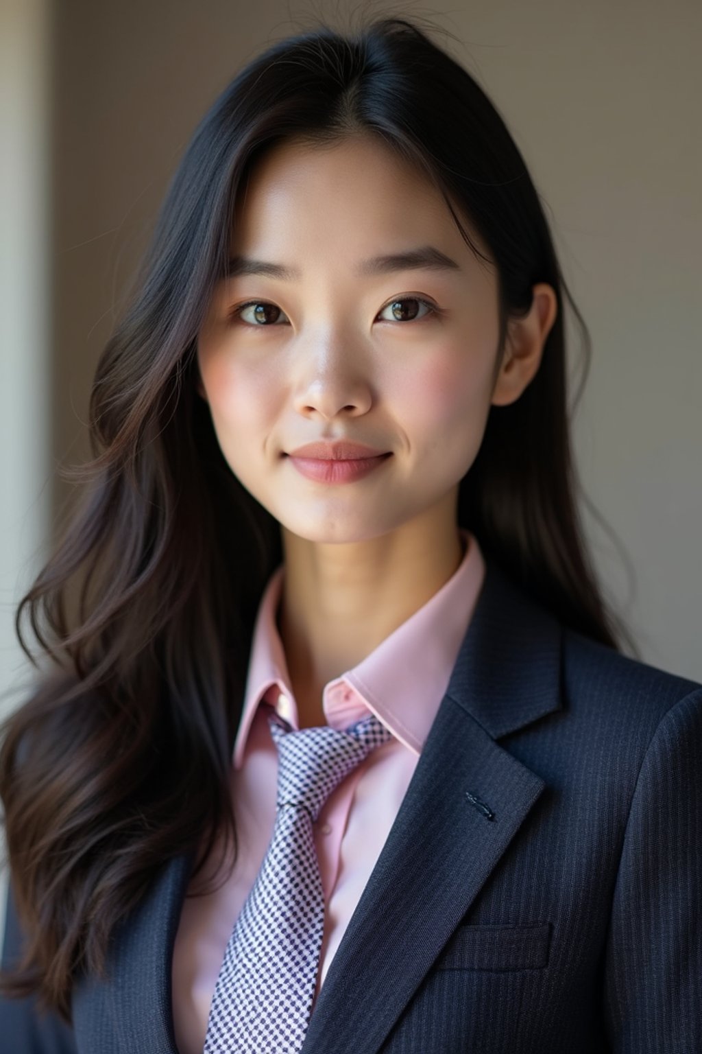 woman wearing a classic navy herringbone suit with a light pink dress shirt and a polka dot tie