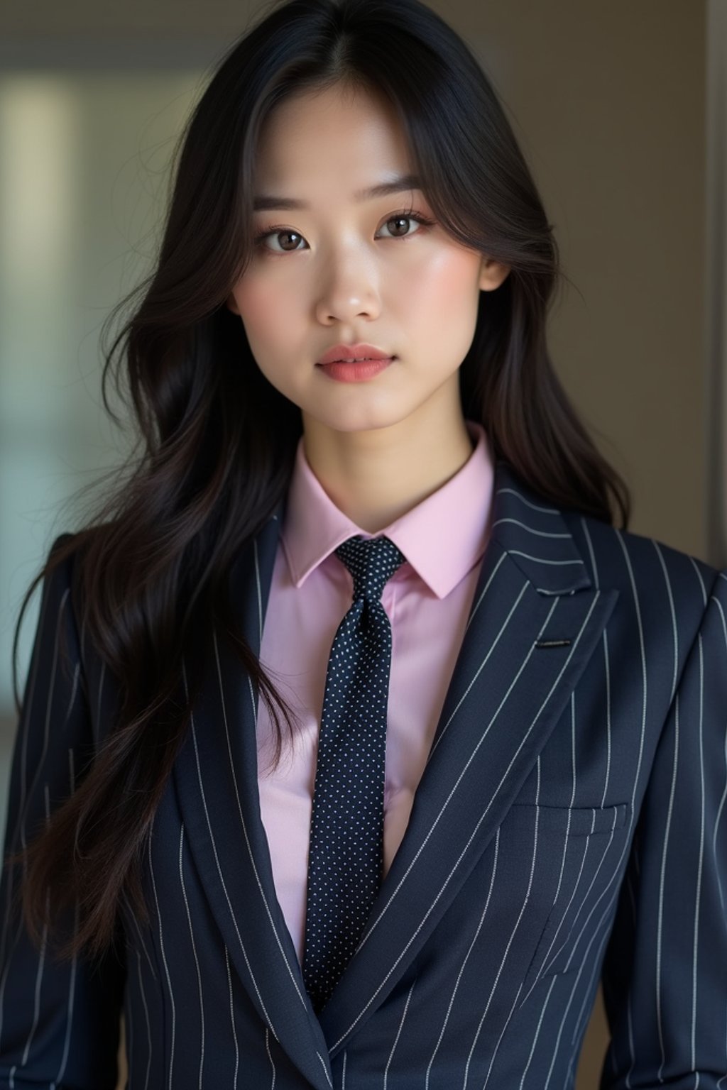 woman wearing a classic navy herringbone suit with a light pink dress shirt and a polka dot tie