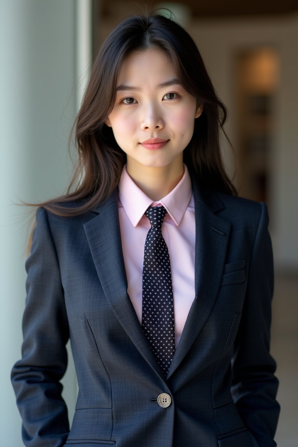 woman wearing a classic navy herringbone suit with a light pink dress shirt and a polka dot tie