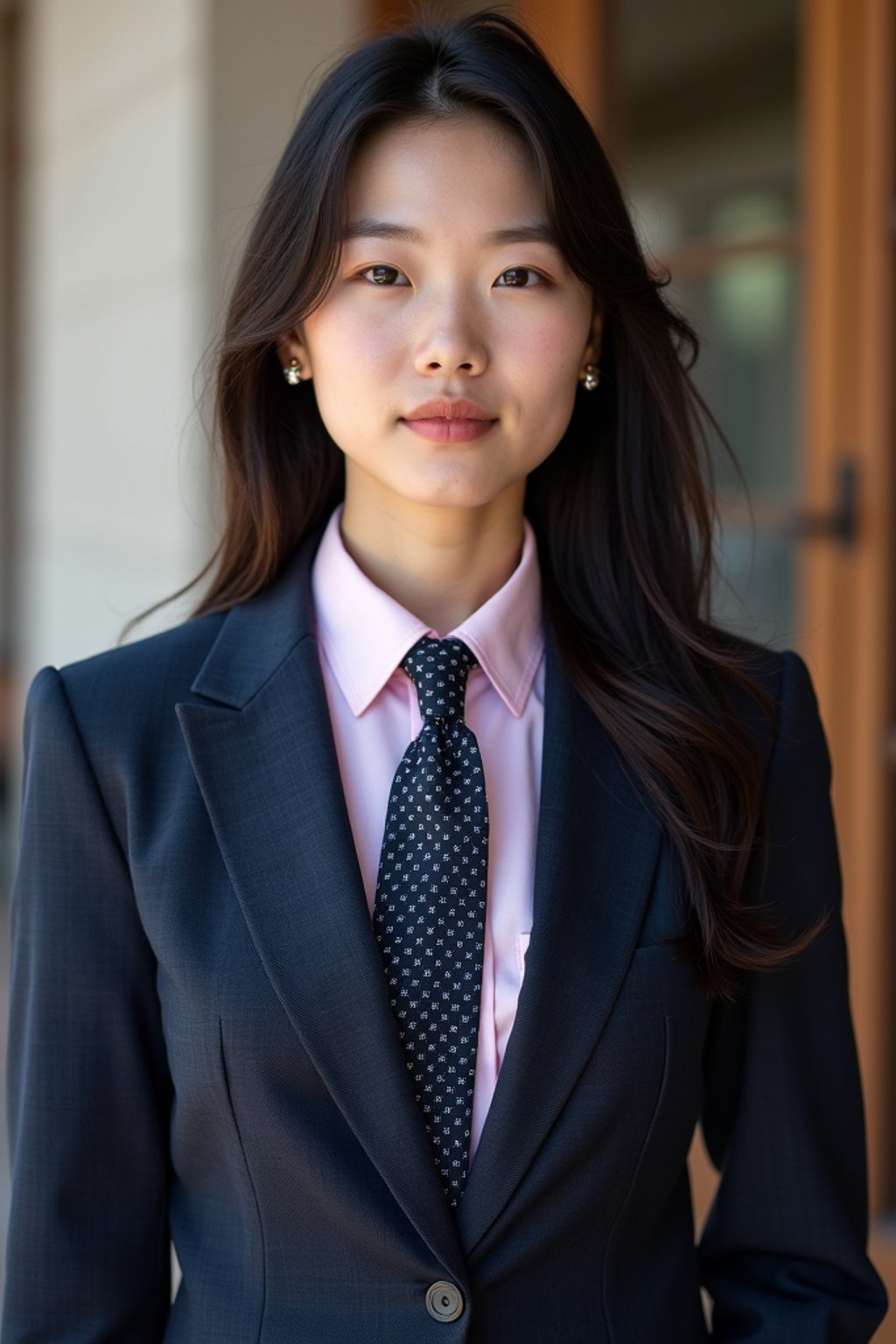 woman wearing a classic navy herringbone suit with a light pink dress shirt and a polka dot tie