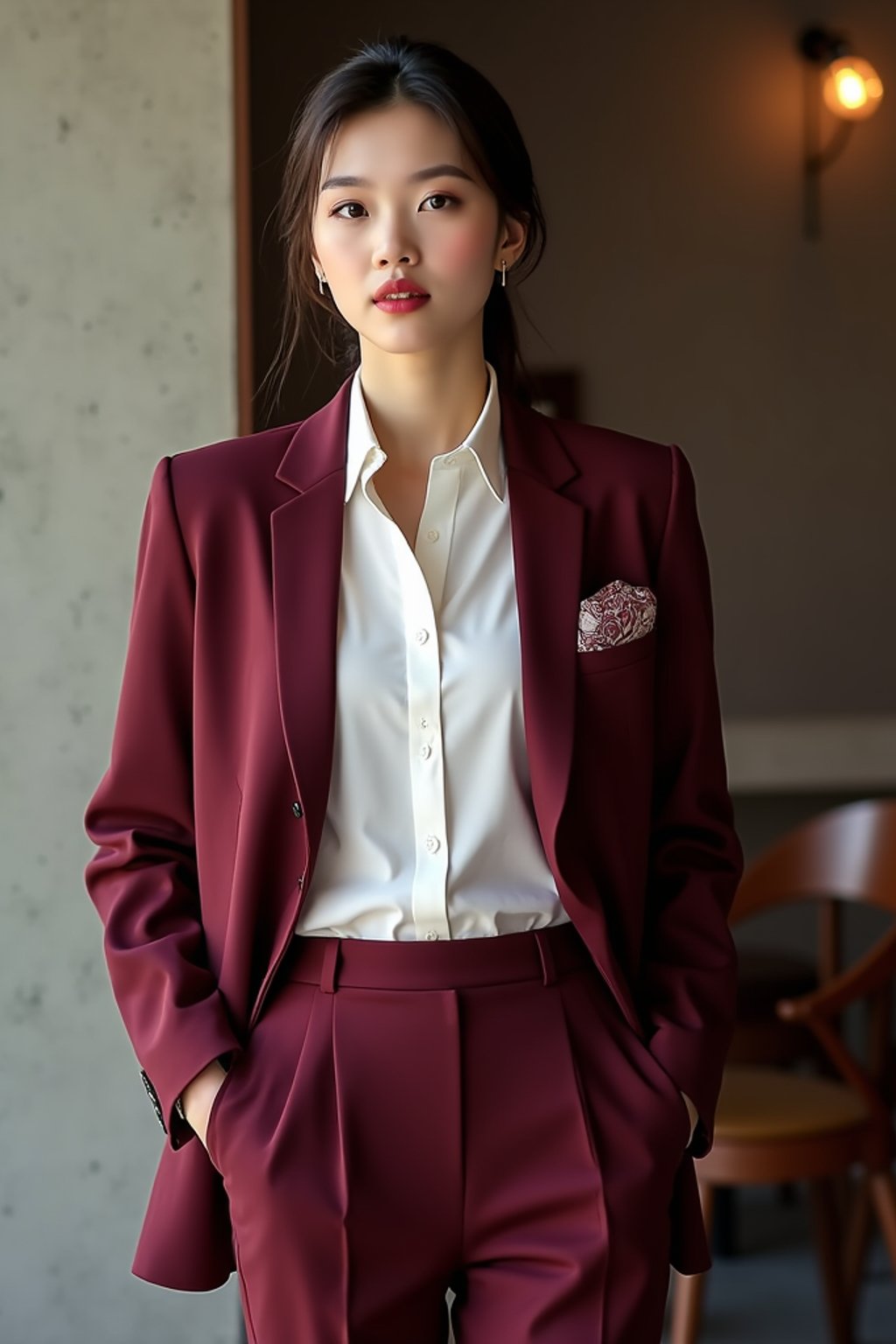 woman trying on a stylish three-piece suit in a rich burgundy color with a crisp white shirt and a paisley patterned pocket square