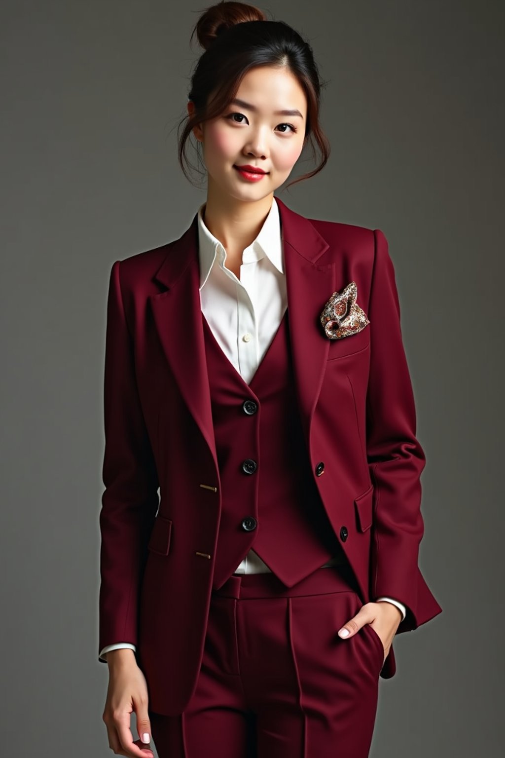 woman trying on a stylish three-piece suit in a rich burgundy color with a crisp white shirt and a paisley patterned pocket square