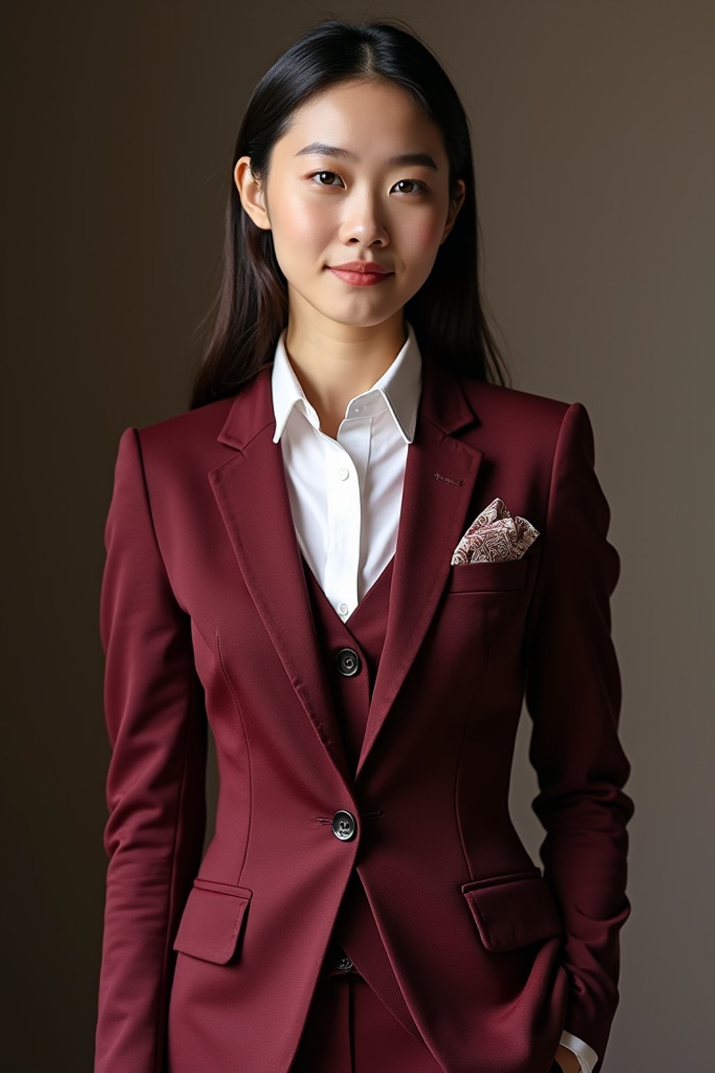 woman trying on a stylish three-piece suit in a rich burgundy color with a crisp white shirt and a paisley patterned pocket square