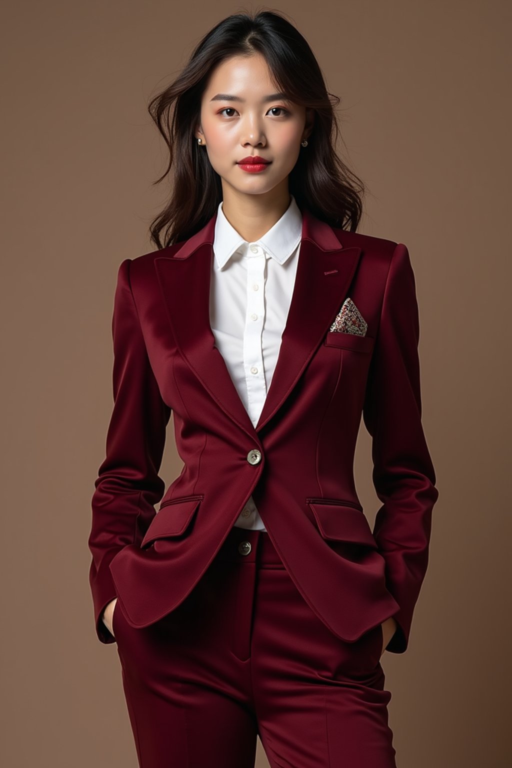 woman trying on a stylish three-piece suit in a rich burgundy color with a crisp white shirt and a paisley patterned pocket square