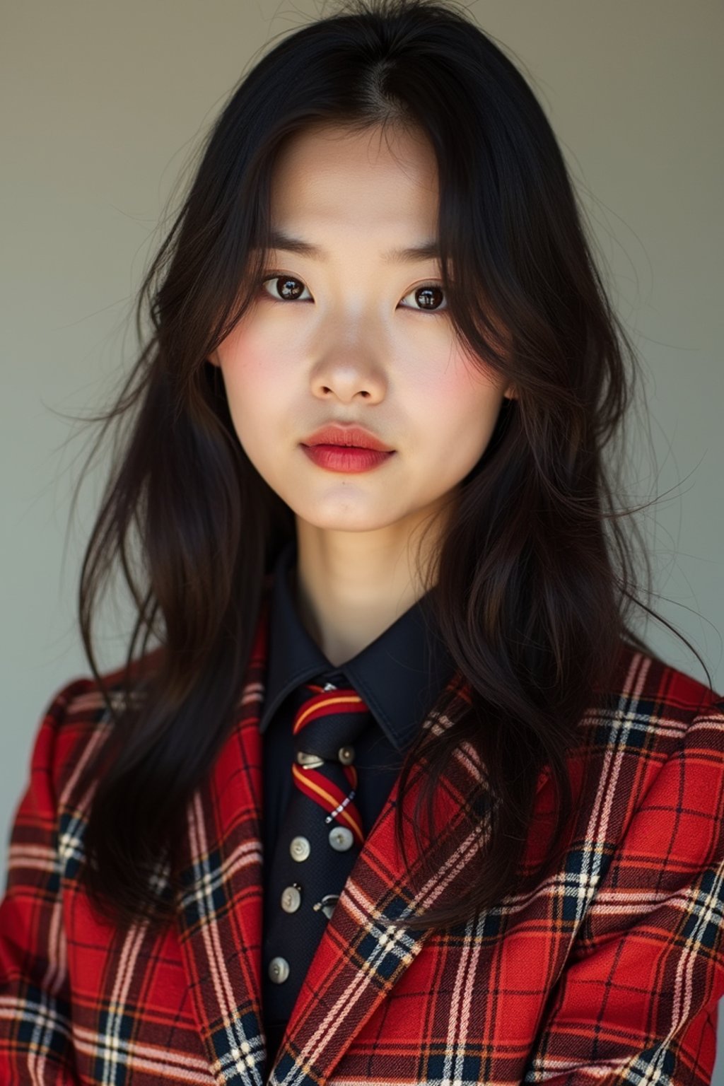 woman showcasing a dappersuit in a bold plaid pattern with a solid-colored shirt and a knitted tie