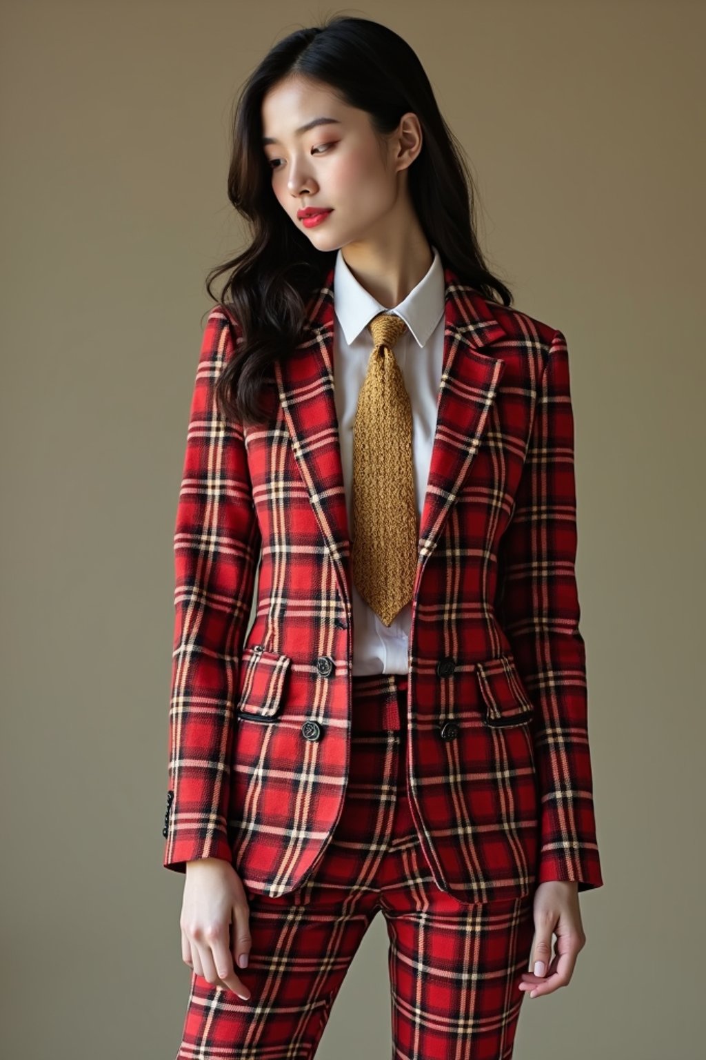 woman showcasing a dappersuit in a bold plaid pattern with a solid-colored shirt and a knitted tie