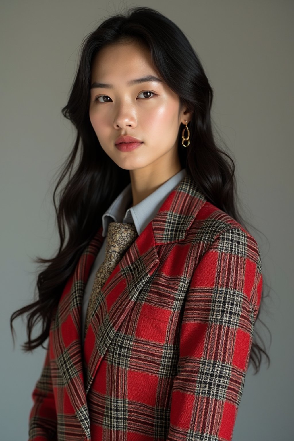 woman showcasing a dappersuit in a bold plaid pattern with a solid-colored shirt and a knitted tie