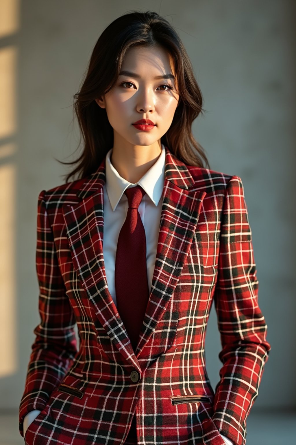 woman showcasing a dappersuit in a bold plaid pattern with a solid-colored shirt and a knitted tie