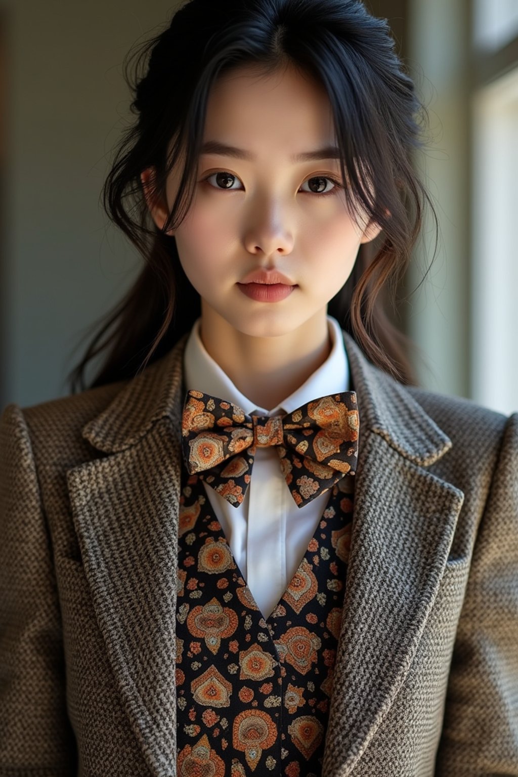 woman wearing a trendy tweed suit with a patterned bow tie and a contrasting vest