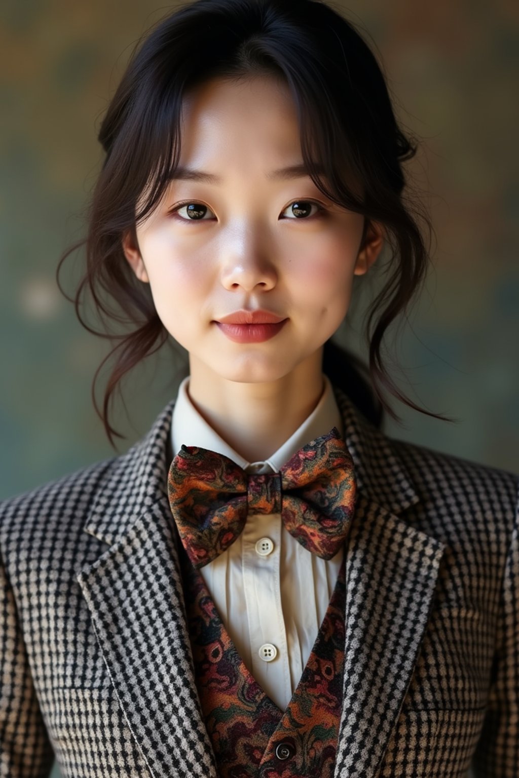 woman wearing a trendy tweed suit with a patterned bow tie and a contrasting vest