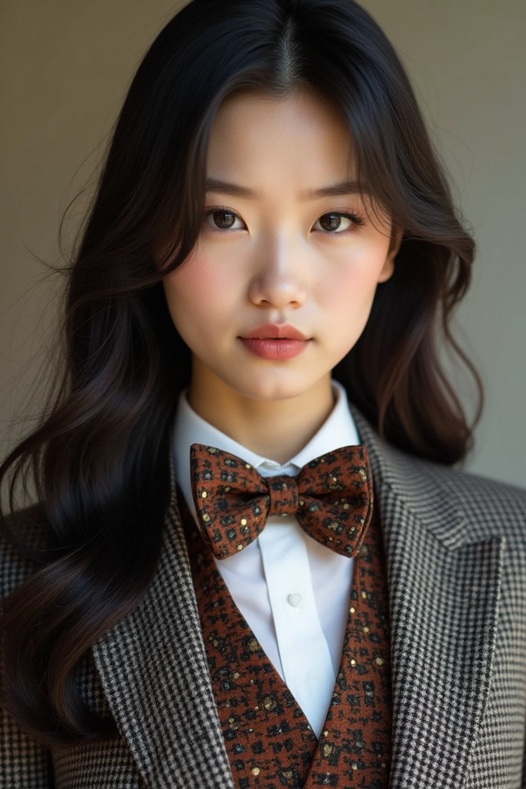 woman wearing a trendy tweed suit with a patterned bow tie and a contrasting vest