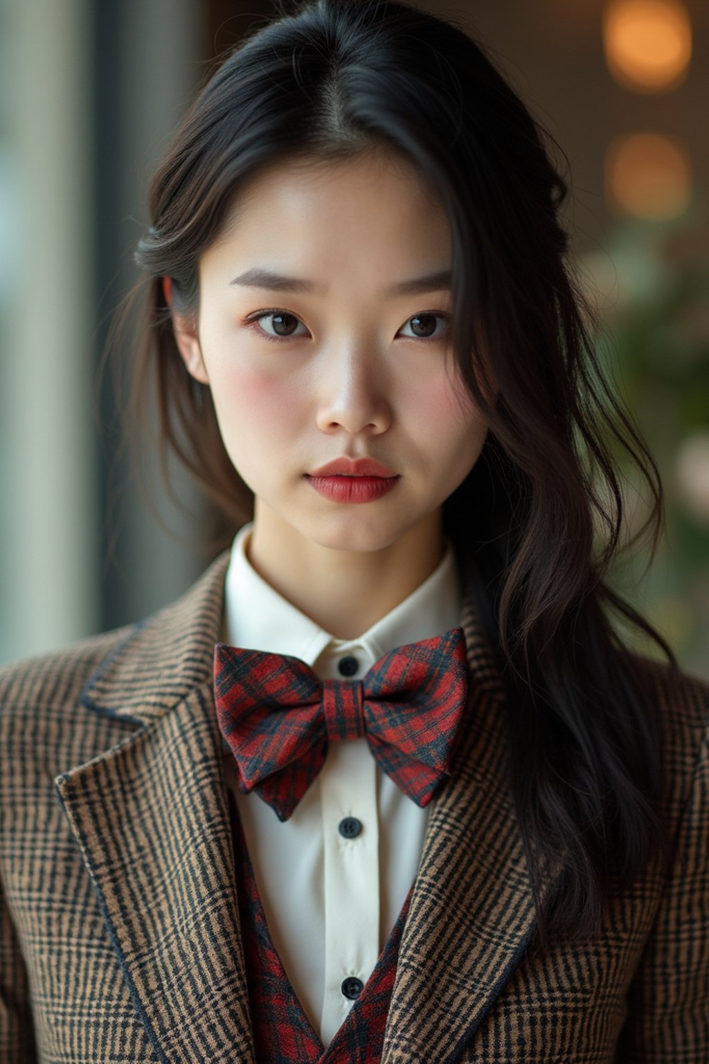 woman wearing a trendy tweed suit with a patterned bow tie and a contrasting vest