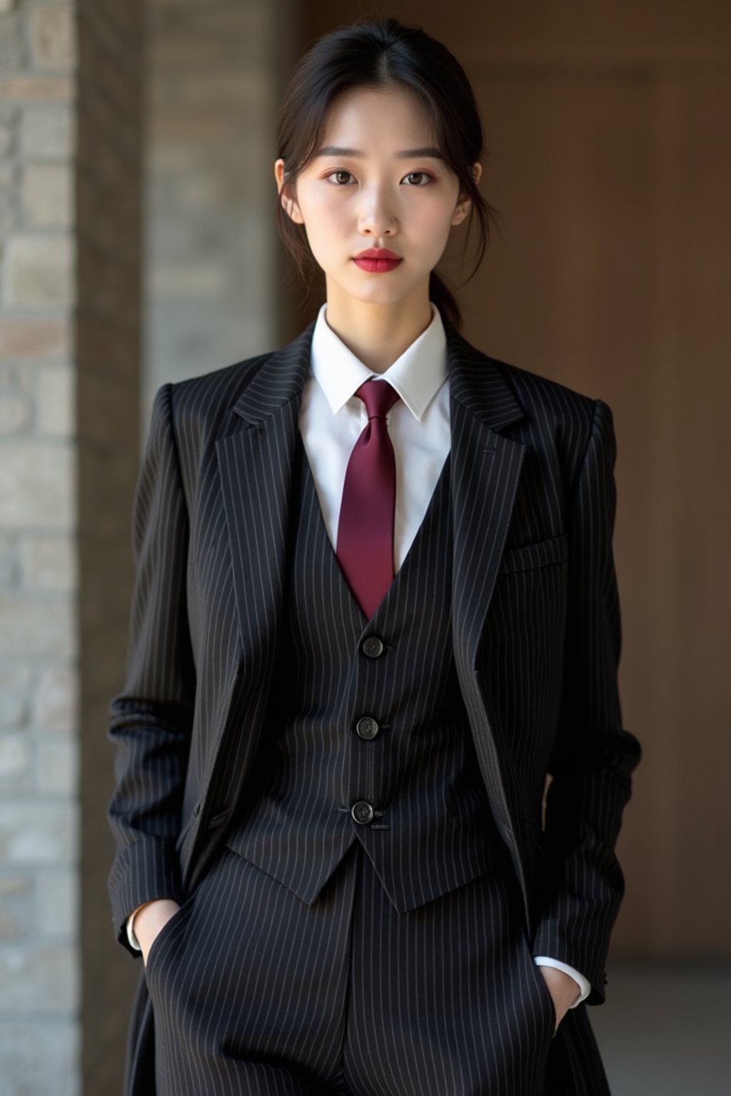 woman trying on a sophisticated pinstripe suit with a waistcoat and a burgundy tie