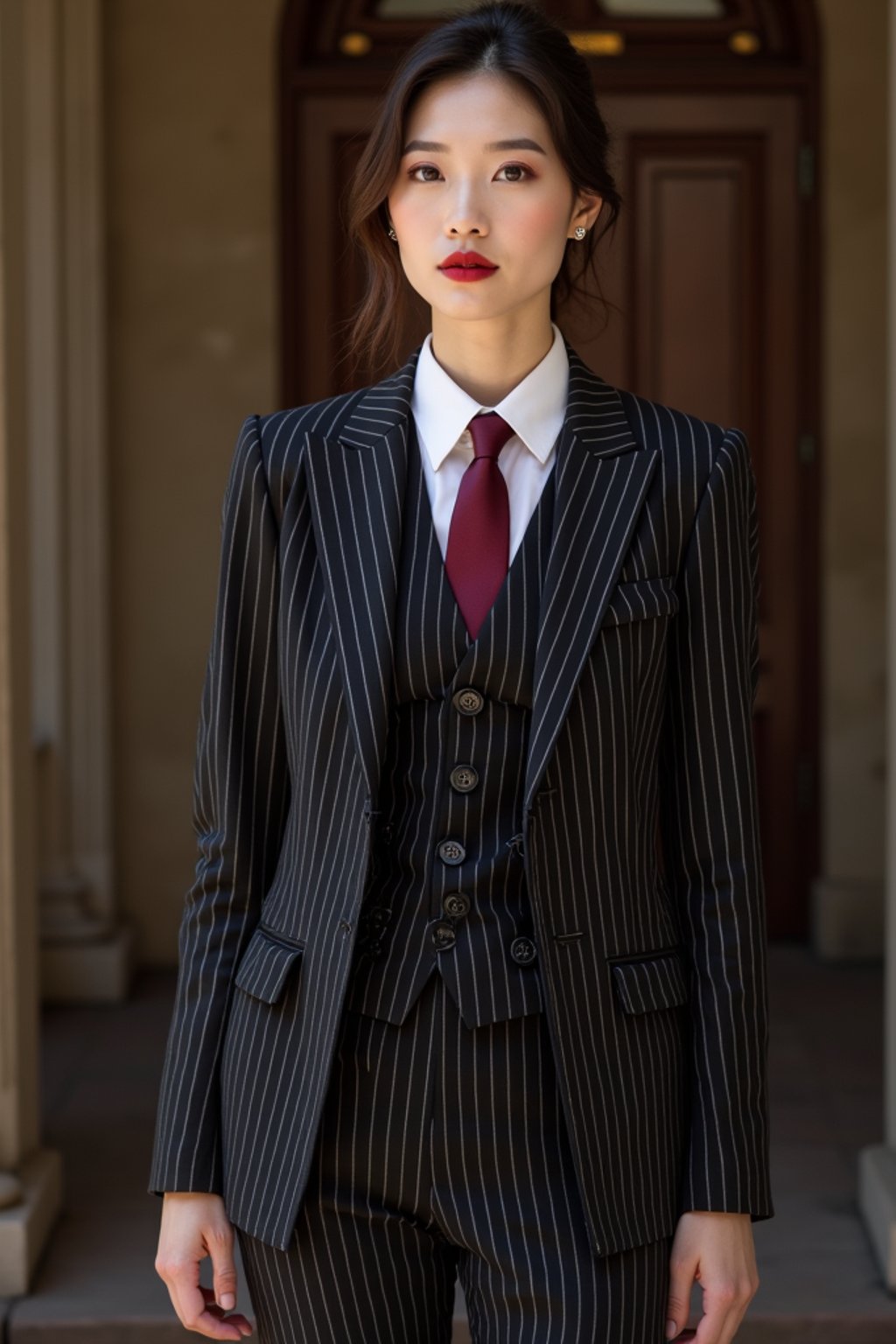 woman trying on a sophisticated pinstripe suit with a waistcoat and a burgundy tie