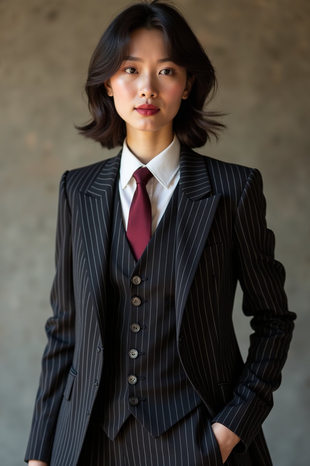 woman trying on a sophisticated pinstripe suit with a waistcoat and a burgundy tie