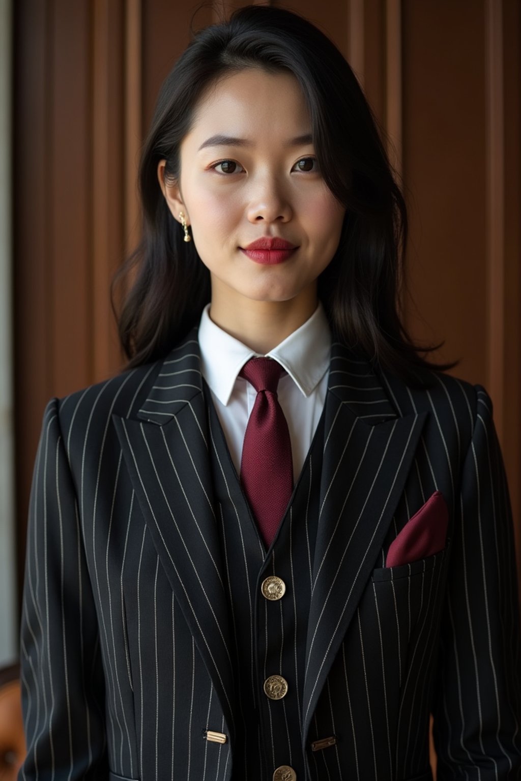 woman trying on a sophisticated pinstripe suit with a waistcoat and a burgundy tie