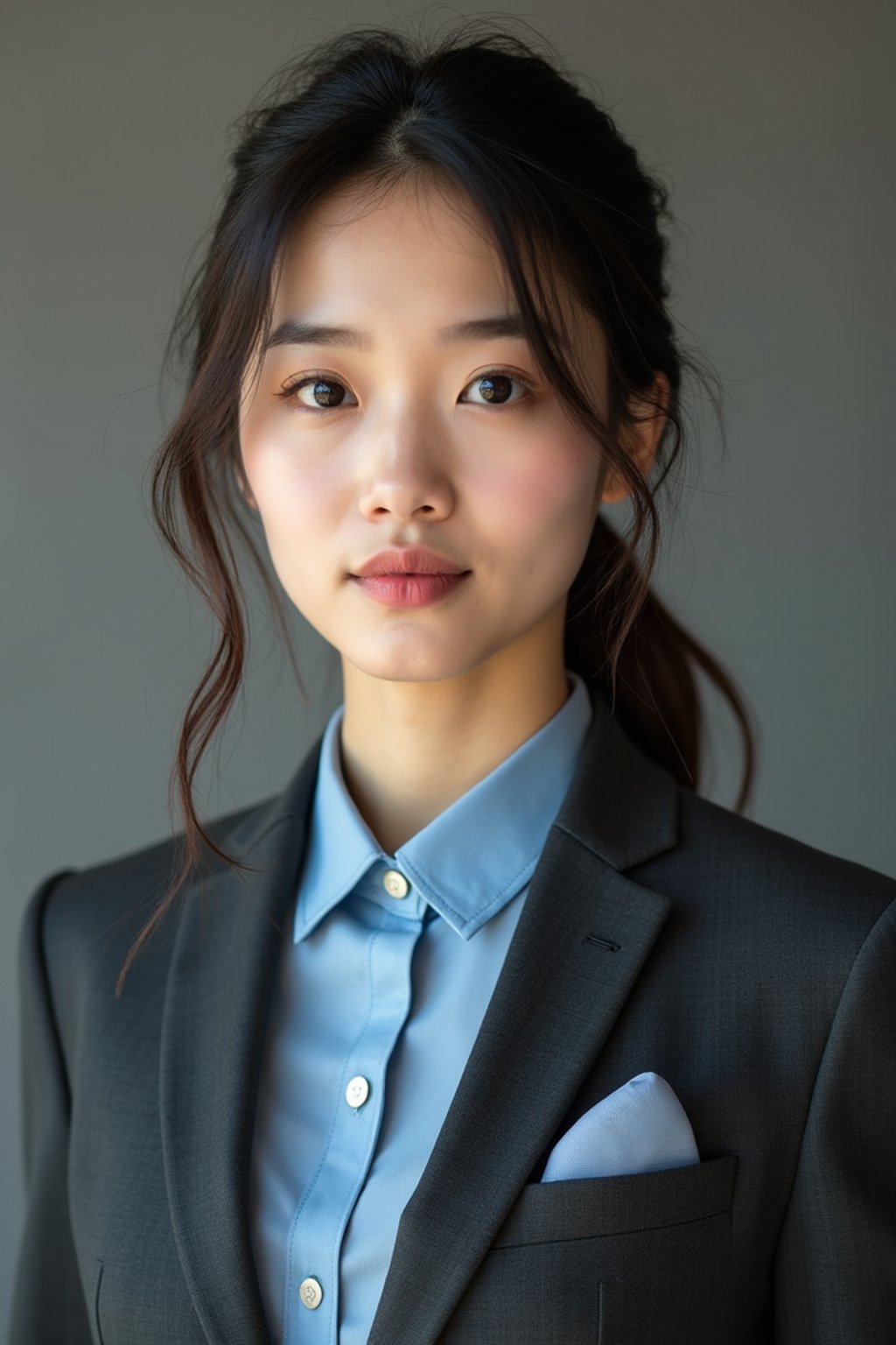 woman showcasing a modern slim-fit charcoal with a light blue dress shirt and a contrasting pocket square