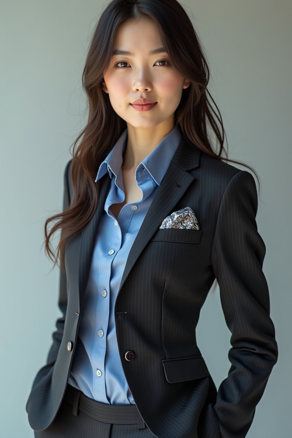 woman showcasing a modern slim-fit charcoal with a light blue dress shirt and a contrasting pocket square