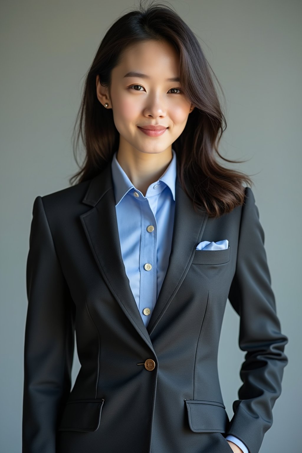 woman showcasing a modern slim-fit charcoal with a light blue dress shirt and a contrasting pocket square