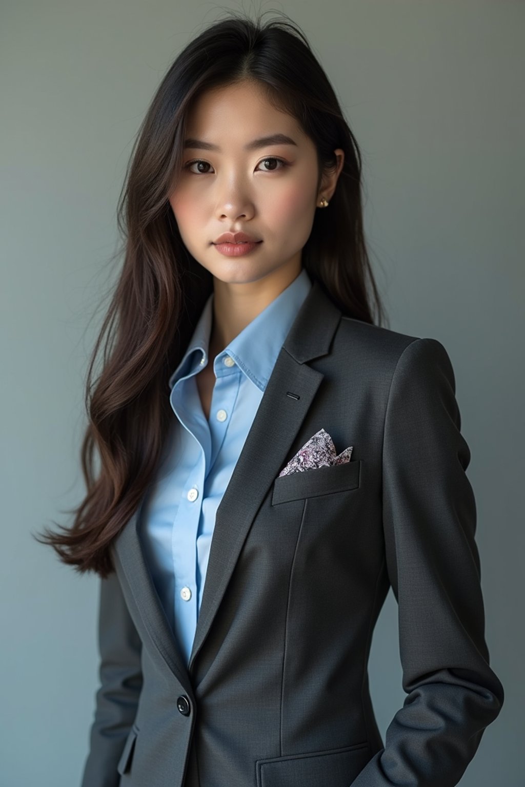 woman showcasing a modern slim-fit charcoal with a light blue dress shirt and a contrasting pocket square